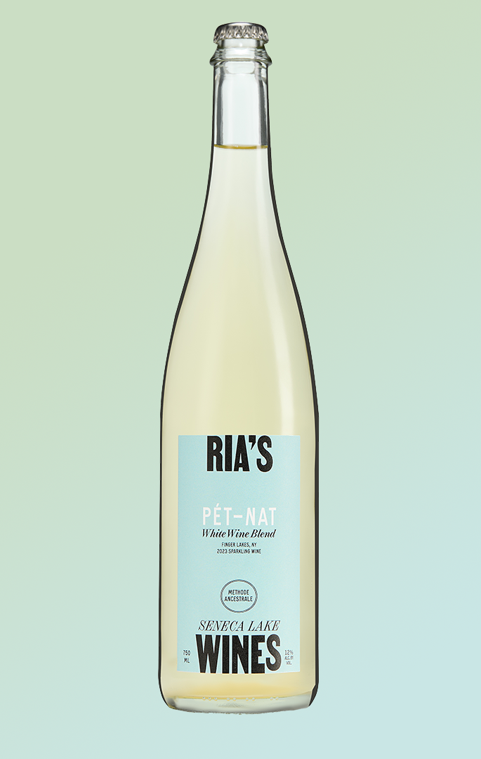 Bottle of Ria's Pet-Nat wine on a light green background