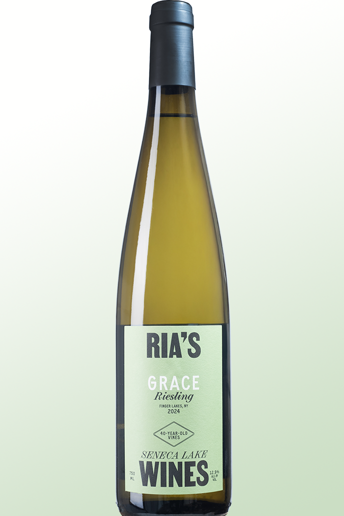 Wine bottle labeled 'Ria's Grace Riesling' on a light green background